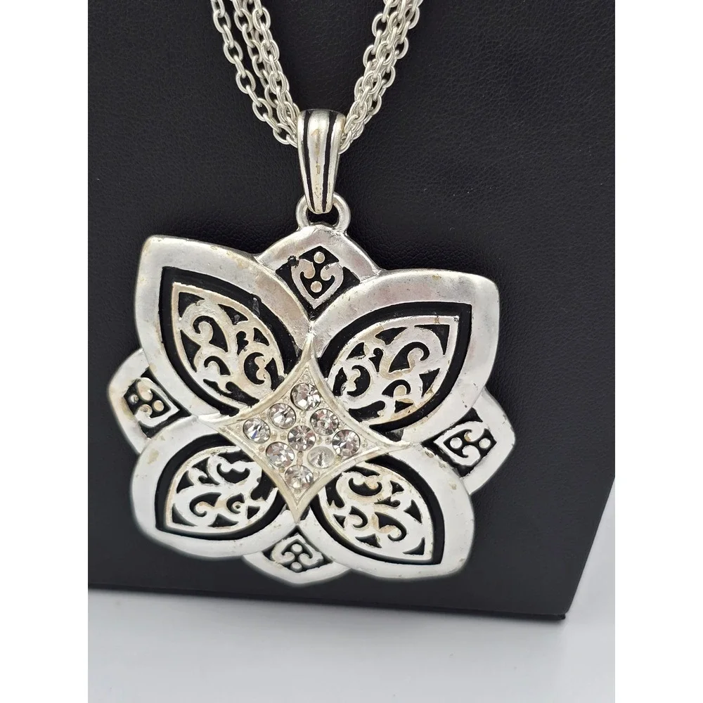 Fashion Silver Tone Multi-Chain Necklace Large Floral Filigree Pendant Clear - Picture 3 of 9